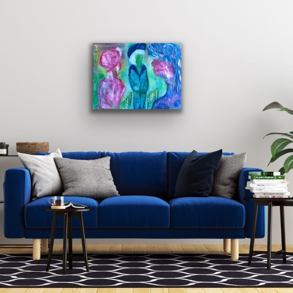 Hvem du egentlig er, er letter å forstå når du kjenner dine egne verdier. Bildet viser et maleri med tre personer som er nysgjerrig på hverandre.