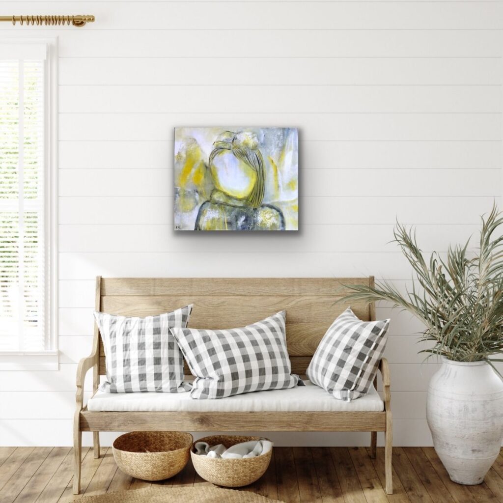 Som barn hadde jeg mange blokkeringer (frykter) i kroppen som hindret energiflyten, det gjord noe med pustemønsteret mitt.
Her ser du Maleriet; Petronella satt inn i interiør