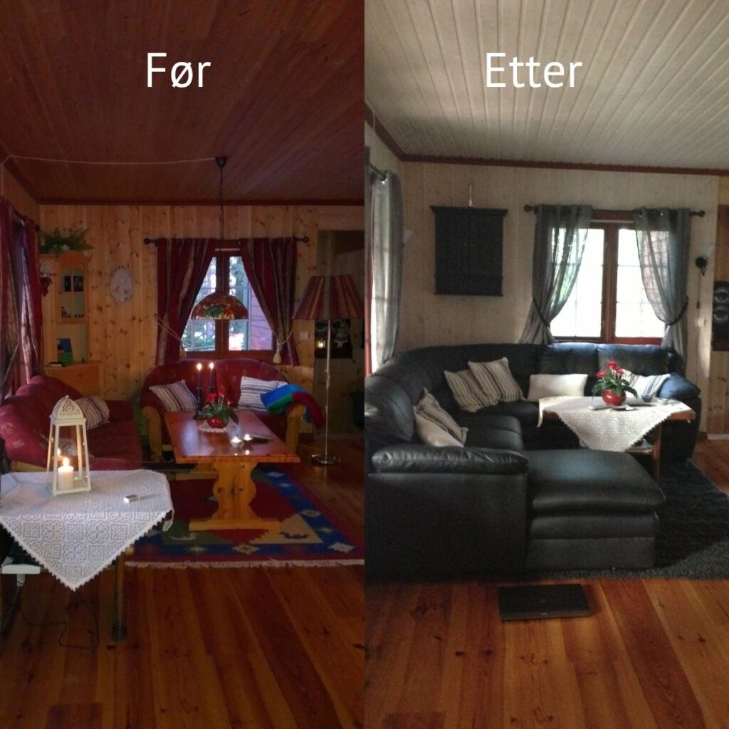Bildet viser før og etter for god balanse i boligen med feng shui.